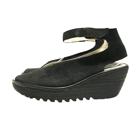 Fly London Yala Womens Black Suede Wedge Sandals Size 8.5/39 Peep Toe - Picture 7 of 13